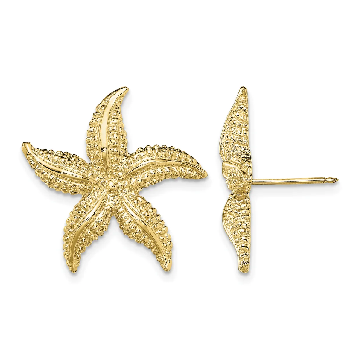 Gold starfish stud earrings shown from front and side views, featuring textured five-pointed arms with detailed surface patterns.