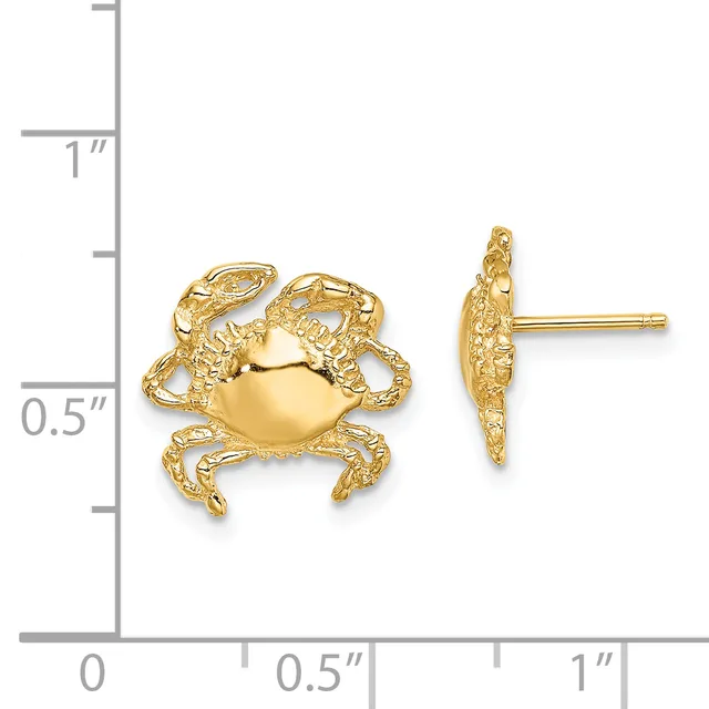 Gold crab stud earrings shown from front and side views next to a ruler measuring approximately one inch tall.