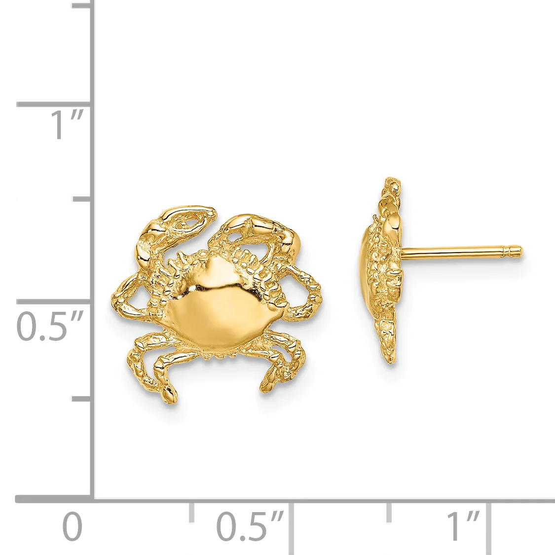 Gold crab stud earrings shown from front and side views next to a ruler measuring approximately one inch tall.