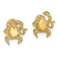 A pair of gold crab-shaped stud earrings with textured details and smooth rounded bodies, shown from the front.