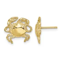 Gold crab stud earrings shown from front and side views, featuring detailed legs and claws with a smooth rounded shell, displayed on a white background.