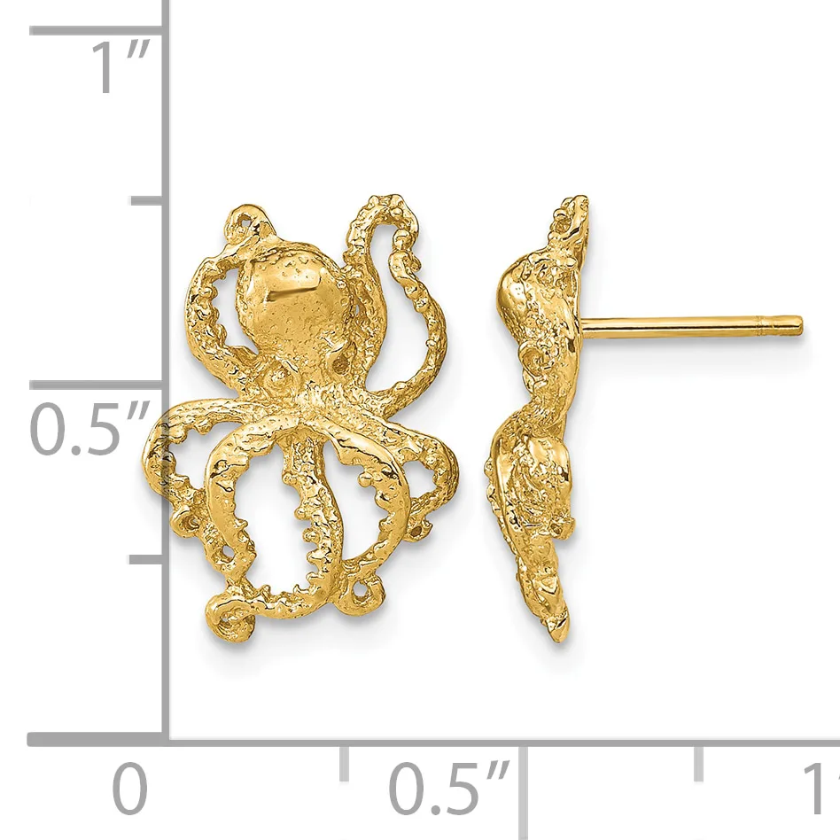 Gold octopus stud earrings with textured tentacles, shown next to a ruler measuring approximately 0.75 inches tall.