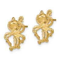 Pair of gold octopus-shaped stud earrings with textured surfaces and post backs, shown from the front.