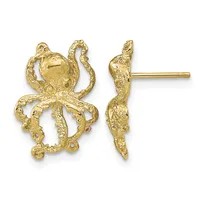 Gold octopus stud earrings shown from front and side views, featuring detailed textured tentacles and a post backing.