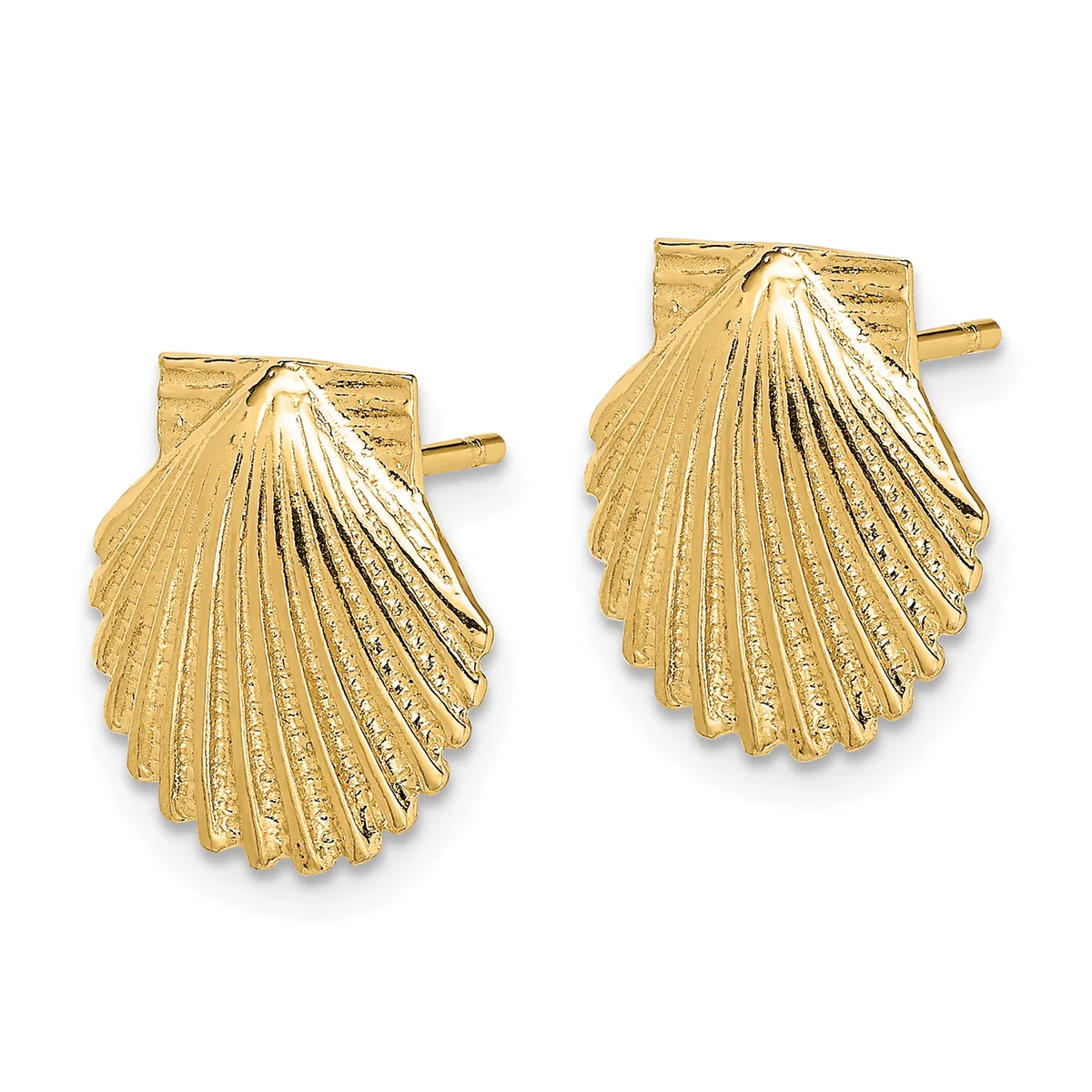 A pair of gold shell-shaped stud earrings with radiating line details and post backs, shown from the front.