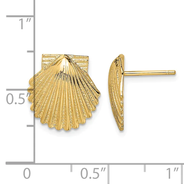 Pair of gold shell-shaped stud earrings shown from front and side views next to a ruler measuring approximately half an inch in width.