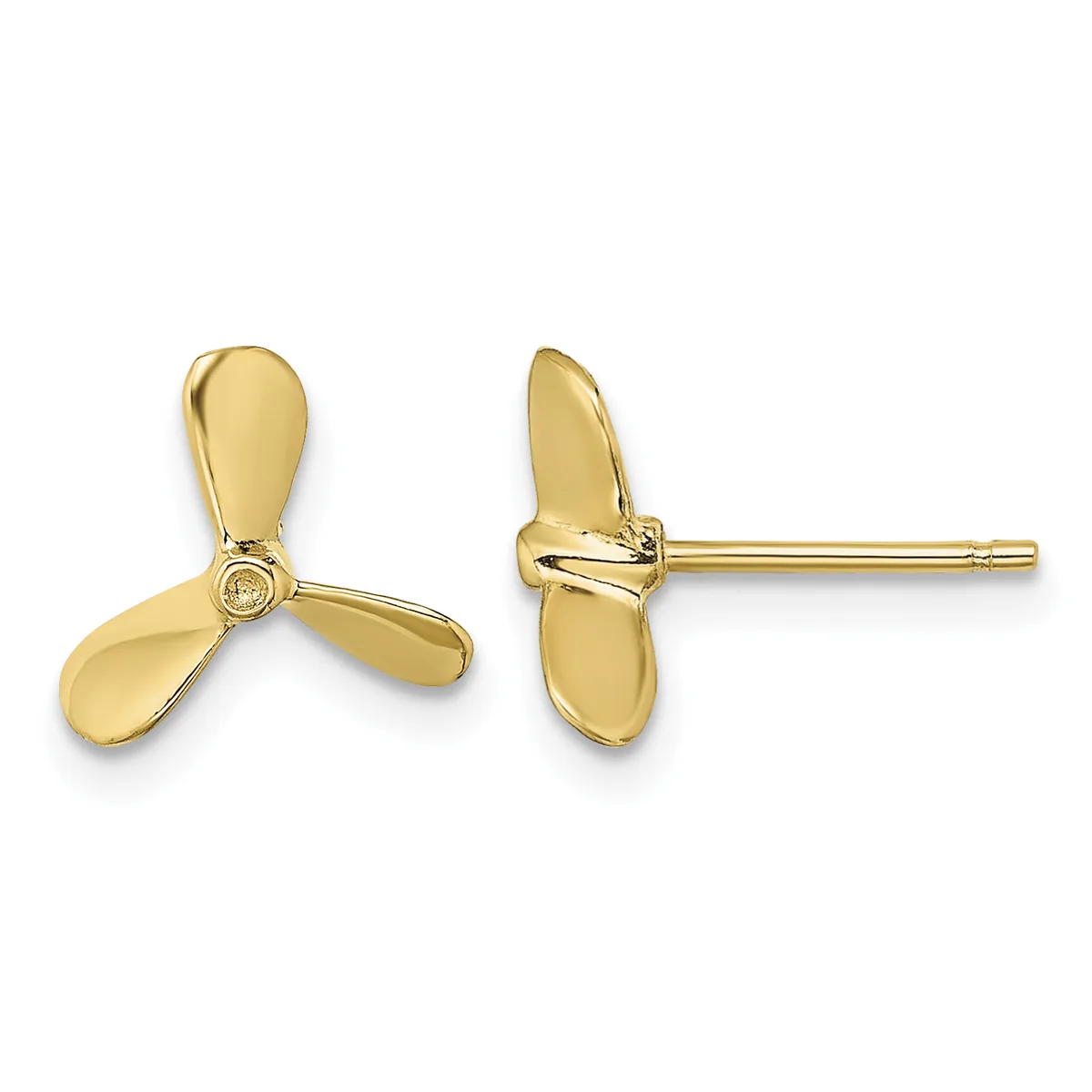 A pair of gold stud earrings shaped like three-bladed propellers, shown from front and side views.