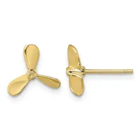 A pair of gold stud earrings shaped like three-bladed propellers, shown from front and side views.