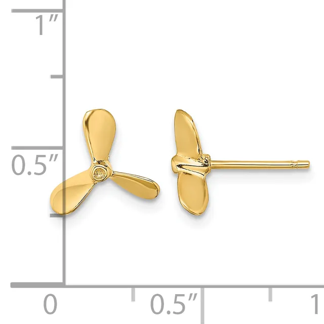 Gold propeller-shaped stud earrings shown front and side view with a measurement scale indicating approximately 0.5 inches in height.