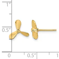 Gold propeller-shaped stud earrings shown front and side view with a measurement scale indicating approximately 0.5 inches in height.