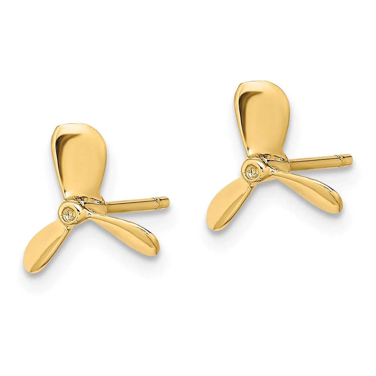 Pair of gold propeller-shaped stud earrings with polished domed tops and three-blade designs, shown from the front against a white background.