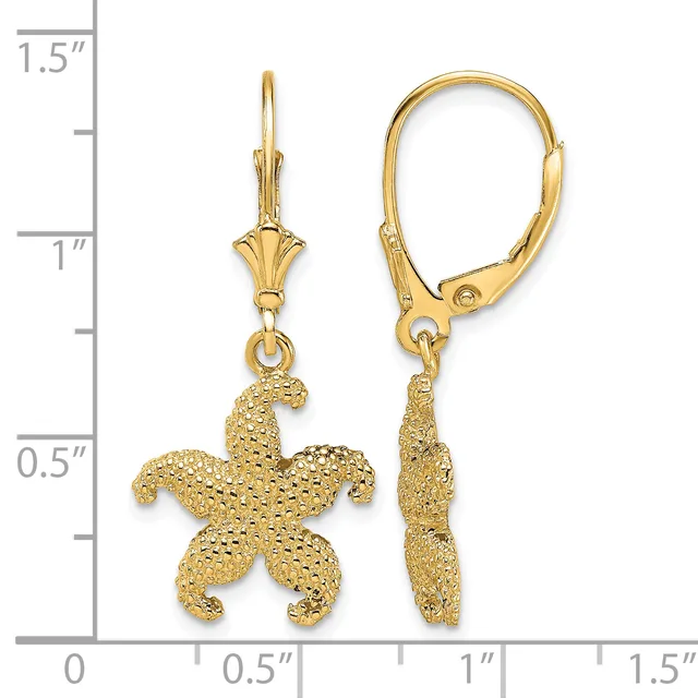 Gold-colored starfish dangle earrings with textured finish and lever-back closures, shown next to a measurement scale indicating approximately one inch in length.