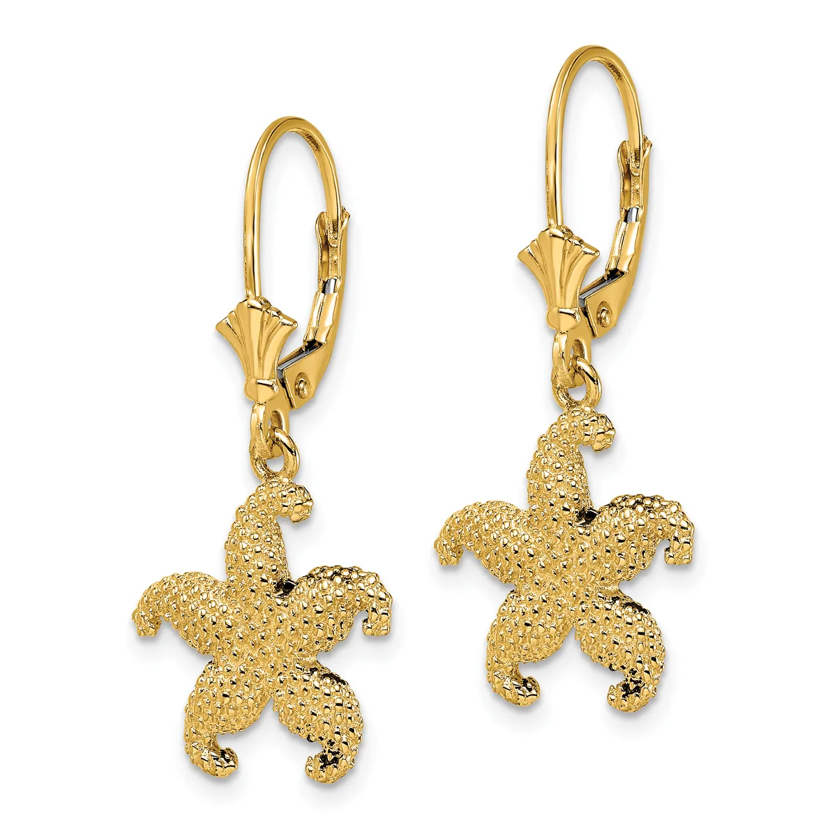 Pair of gold starfish dangle earrings with textured surfaces and lever-back closures, shown from the front.