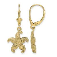 Pair of gold starfish dangle earrings with textured surfaces, shown from front and side views hanging from leverback closures.