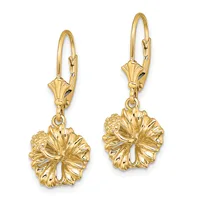 A pair of gold lever-back earrings with decorative fan-shaped pendants hanging from ornamental caps.