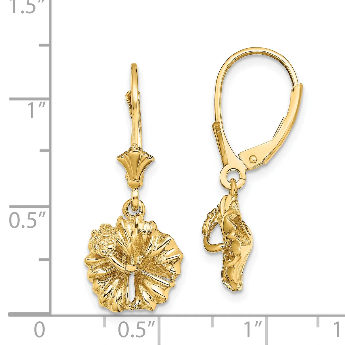 Gold lever-back earrings with textured flower-shaped pendants, shown next to a ruler measuring approximately 1.25 inches in length.