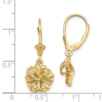 Gold lever-back earrings with textured flower-shaped pendants, shown next to a ruler measuring approximately 1.25 inches in length.