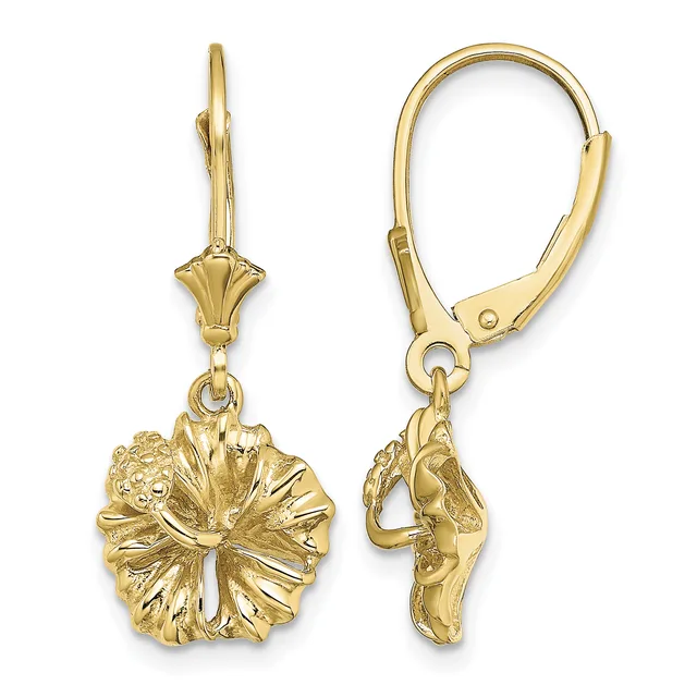 Pair of gold lever-back earrings with textured flower-shaped pendants, shown from front and back views.