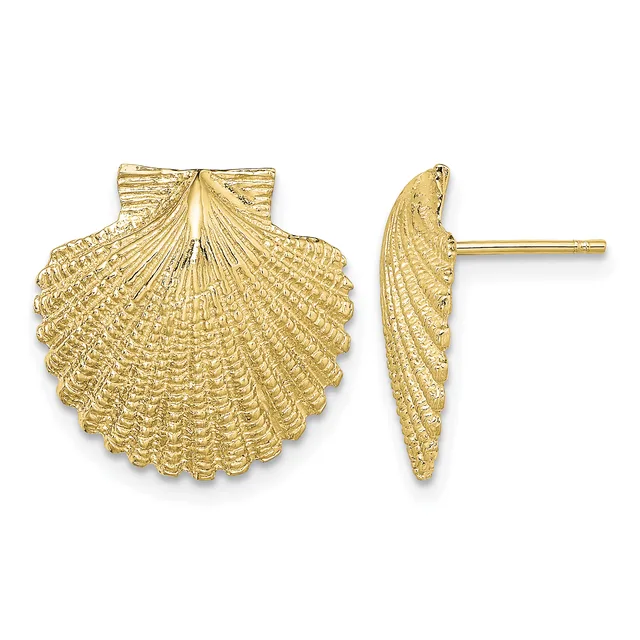 Gold shell-shaped stud earrings shown from front and side views, featuring detailed radiating line texture throughout.