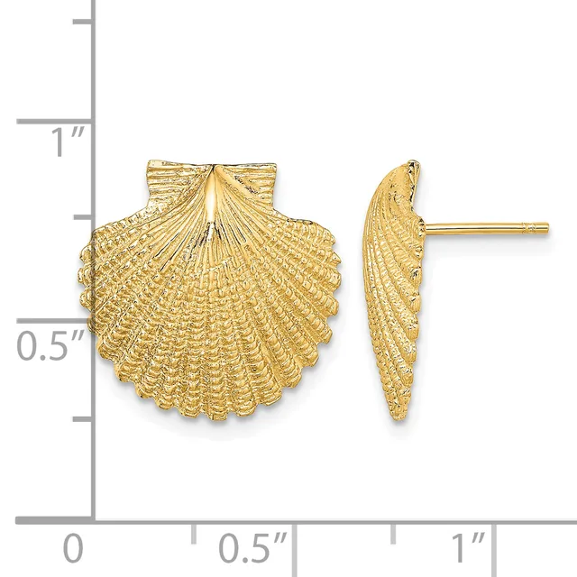 Gold shell-shaped stud earrings shown from front and side views with a measurement scale indicating approximately one inch in height.
