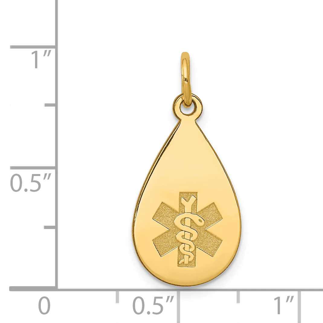 Gold teardrop pendant with medical symbol engraved on front, shown next to ruler indicating approximately 0.75 inches tall.
