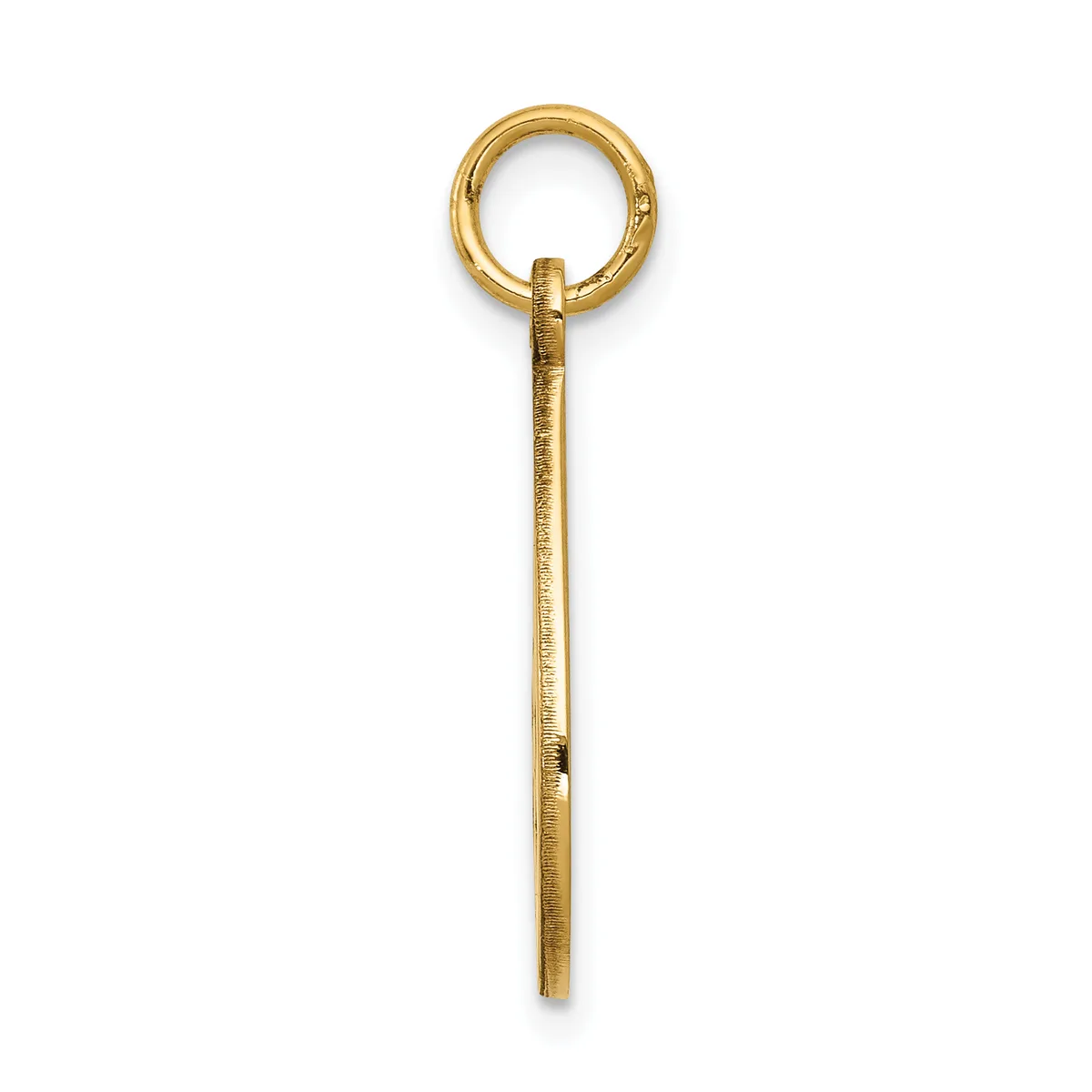 A gold pendant with a circular loop at the top and a long rectangular shaft below, featuring a textured surface and a small hallmark stamp.