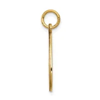A gold pendant with a circular loop at the top and a long rectangular shaft below, featuring a textured surface and a small hallmark stamp.