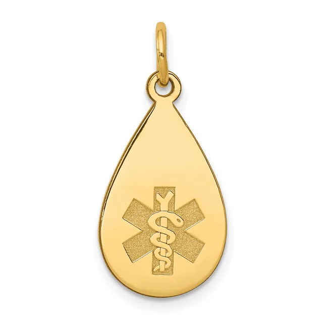 Gold teardrop pendant with a medical alert symbol featuring a star of life with intertwined snakes, suspended from a small loop bail.