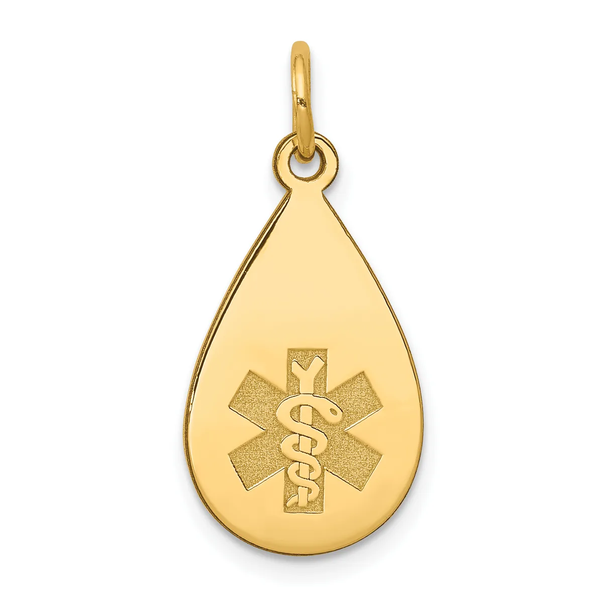 Gold teardrop pendant with a medical alert symbol featuring a star of life with intertwined snakes, suspended from a small loop bail.