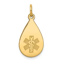Gold teardrop pendant with a medical alert symbol featuring a star of life with intertwined snakes, suspended from a small loop bail.