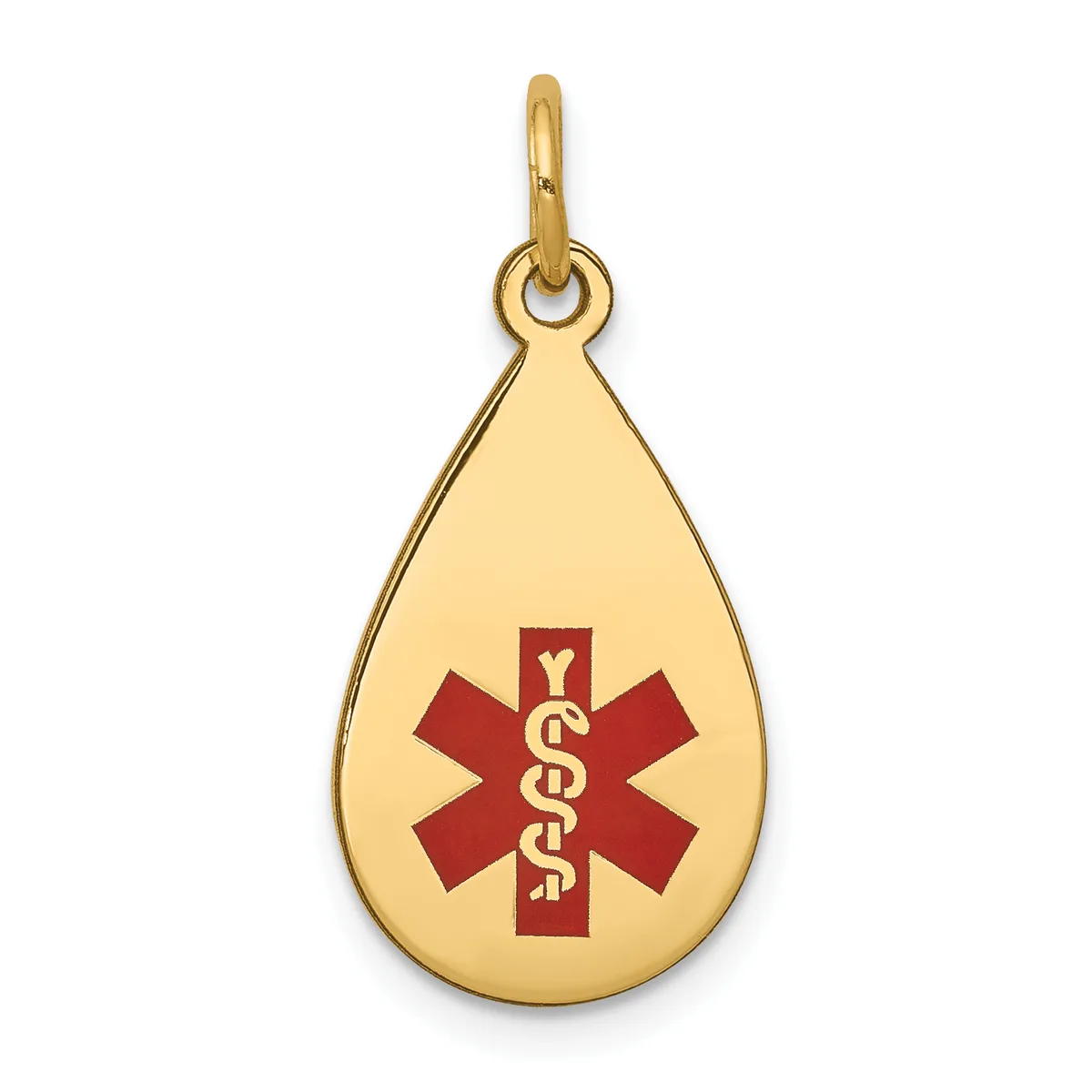 Gold teardrop pendant with a red medical alert symbol featuring a staff with intertwined snakes, suspended from a gold bail.