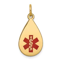 Gold teardrop pendant with a red medical alert symbol featuring a staff with intertwined snakes, suspended from a gold bail.