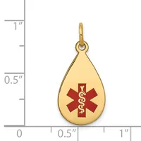 Gold-colored teardrop pendant with red medical symbol featuring a caduceus, shown next to a ruler indicating approximately three-quarters inch height.