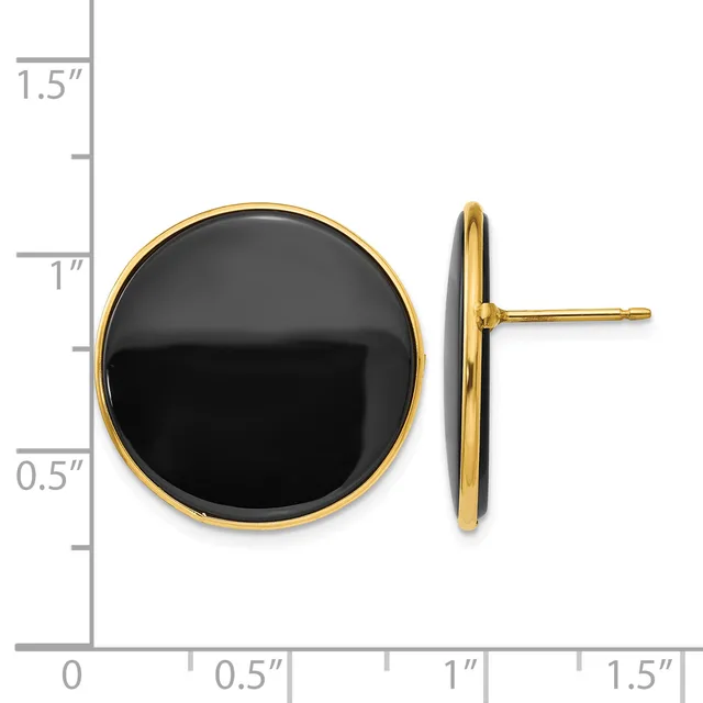 A pair of gold-toned stud earrings with black onyx or black stone circular domed fronts, shown from front and side view with a measurement scale.