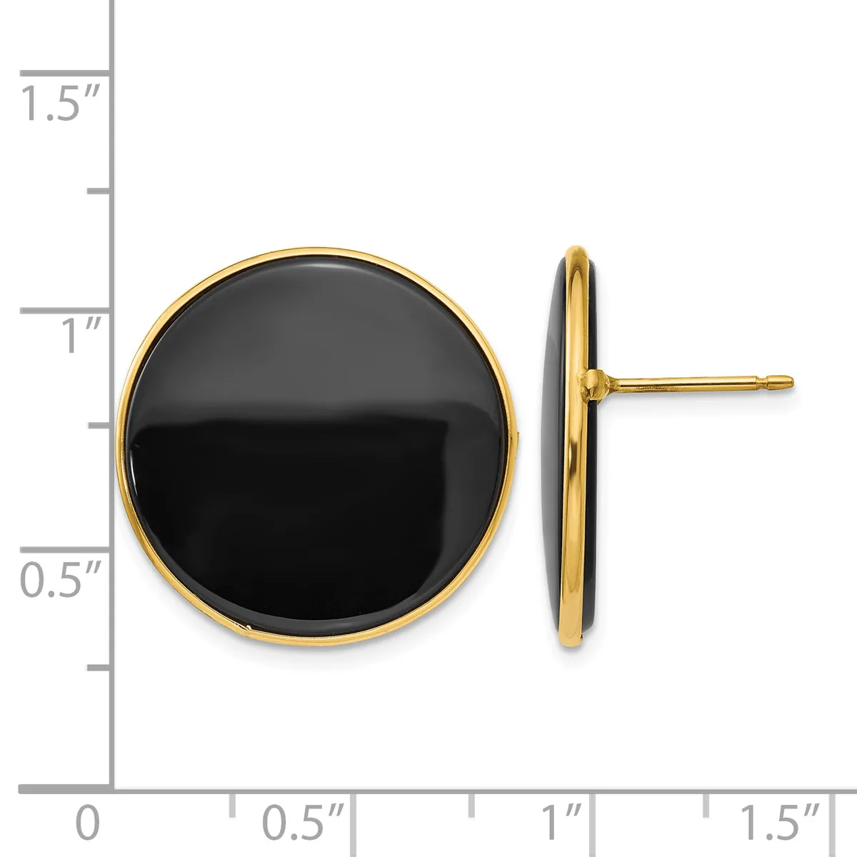 A pair of gold-toned stud earrings with black onyx or black stone circular domed fronts, shown from front and side view with a measurement scale.