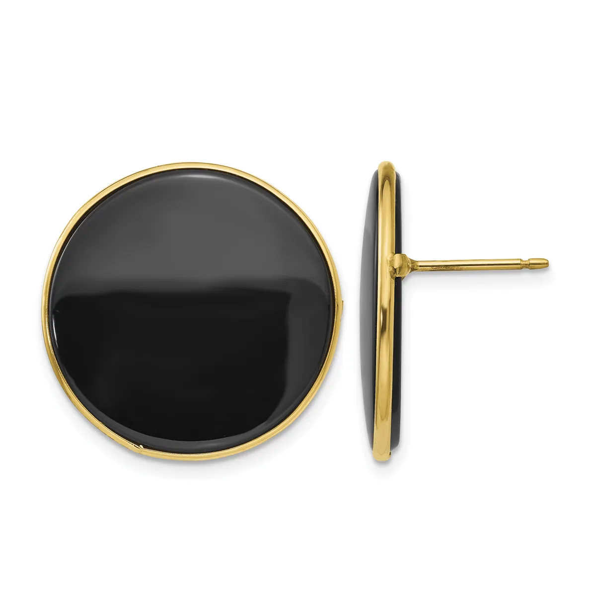 A pair of gold-rimmed black onyx circular stud earrings shown from front and side views.