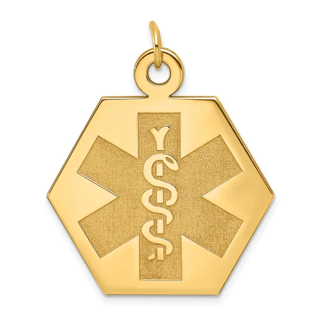 Gold hexagonal medical alert pendant with a star of life symbol and serpent staff engraved on the center, suspended from a small loop at the top.