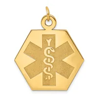 Gold hexagonal medical alert pendant with a star of life symbol and serpent staff engraved on the center, suspended from a small loop at the top.