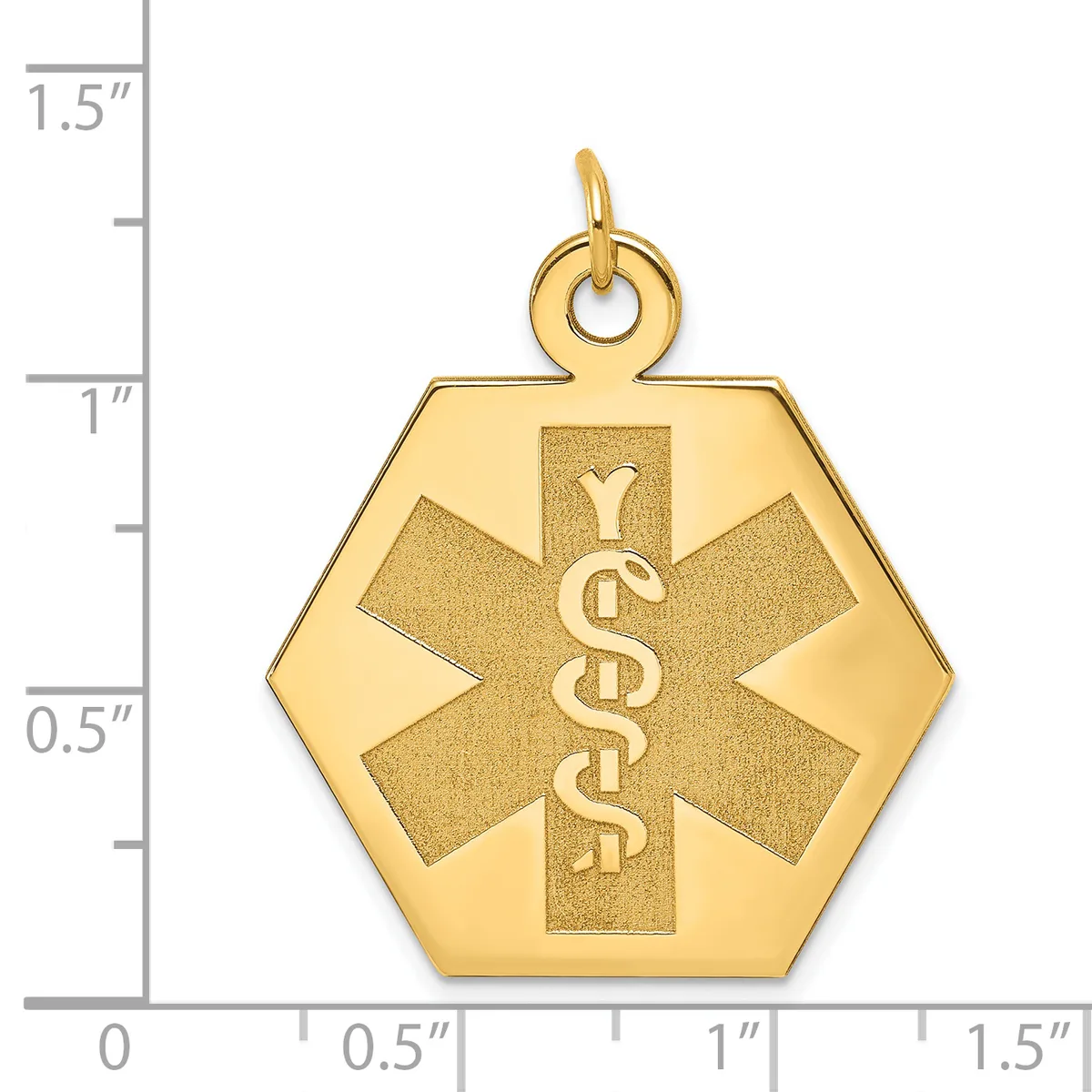 Gold hexagonal medical alert pendant with star of life symbol and caduceus, shown next to a ruler measuring approximately one inch wide.