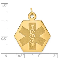 Gold hexagonal medical alert pendant with star of life symbol and caduceus, shown next to a ruler measuring approximately one inch wide.