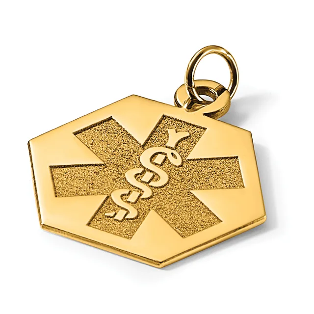 Gold hexagonal medical alert pendant with a star of life symbol and caduceus in the center, attached to a gold loop bail.