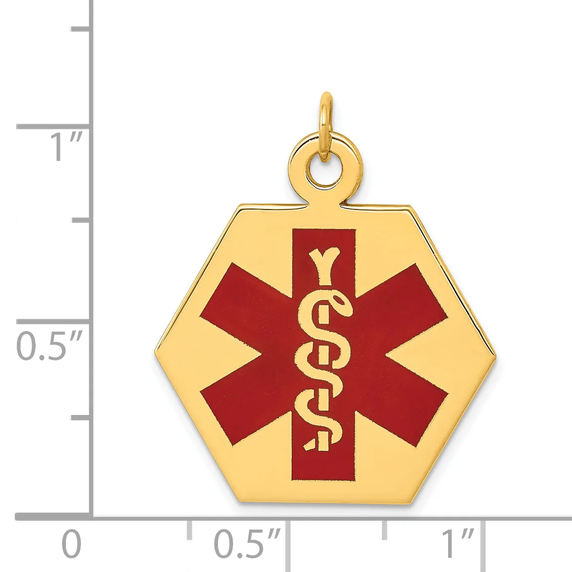 Gold hexagonal medical alert pendant with red enamel star of life symbol and intertwined serpent staff, shown next to ruler for scale.