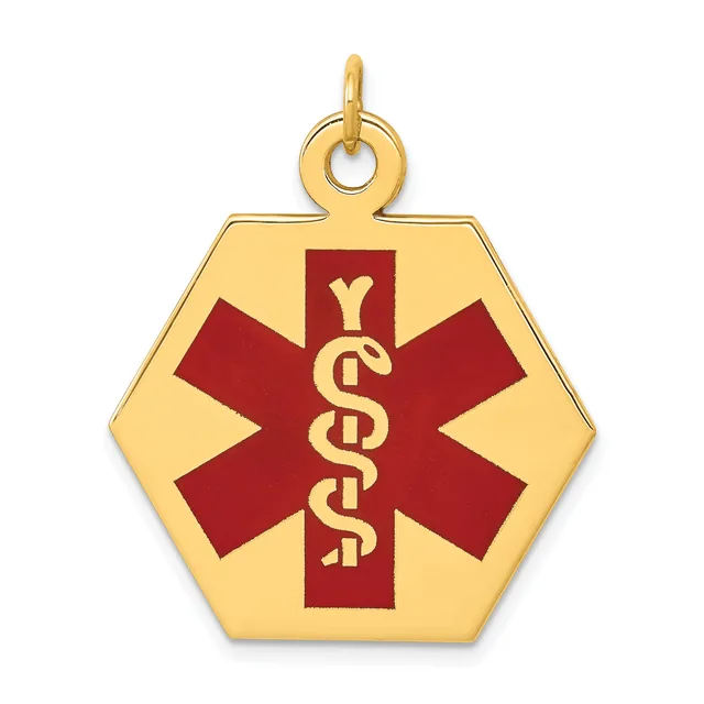 Gold hexagonal medical alert pendant with red enamel star of life symbol and intertwined serpent staff, suspended from a small loop bail.