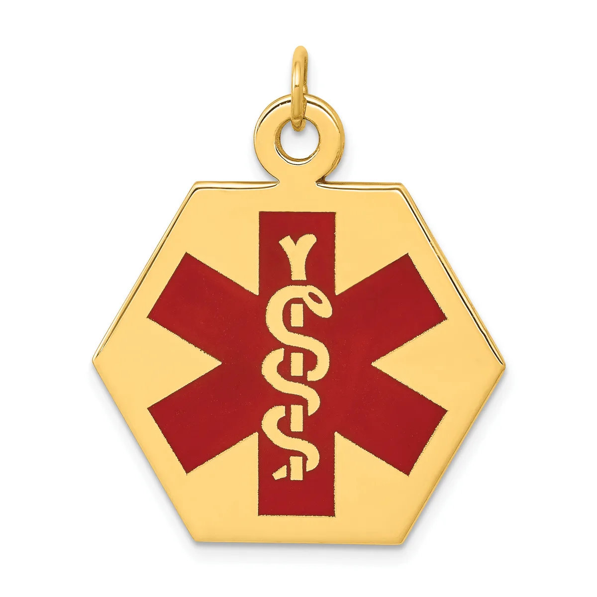 Gold hexagonal medical alert pendant with red enamel star of life symbol and intertwined serpent staff, suspended from a small loop bail.