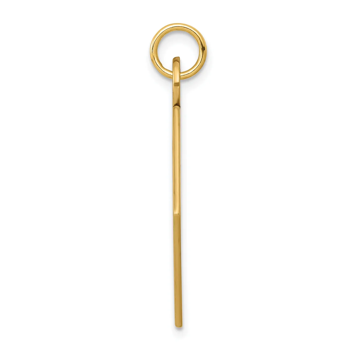 A long, slender gold stick pendant with a circular loop at the top, shown against a white background.