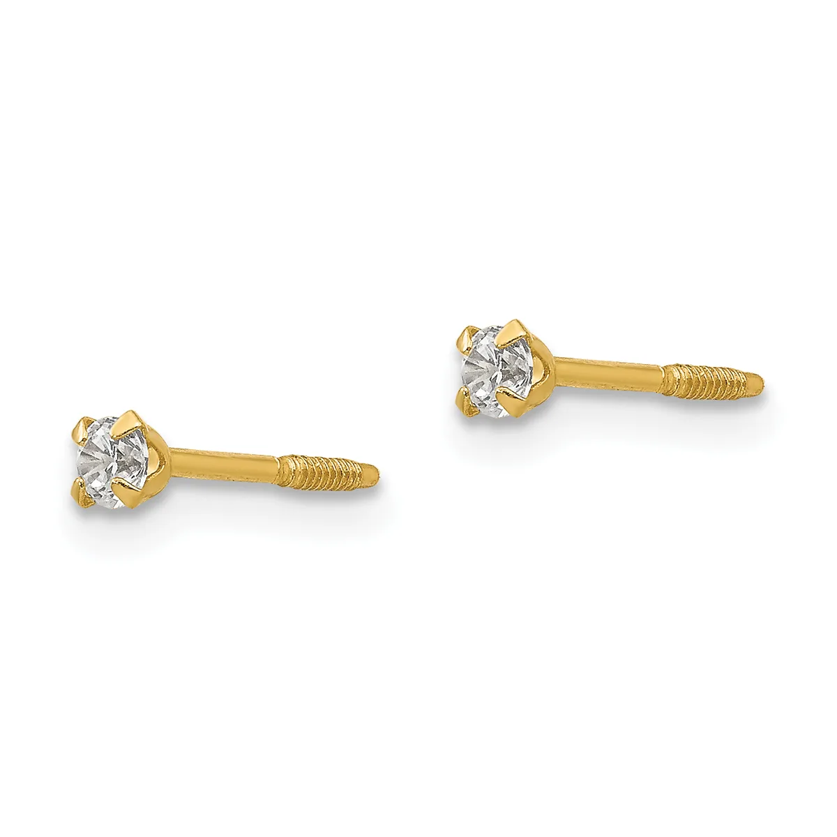 A pair of gold stud earrings with round clear gemstones set in textured gold settings and screw-back posts.