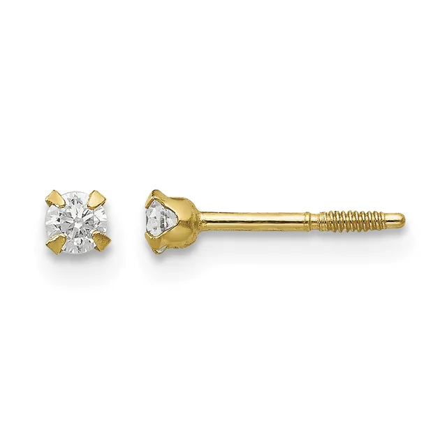 Pair of gold stud earrings with round diamond solitaires in four-prong settings, shown from front and side views with screw backs.