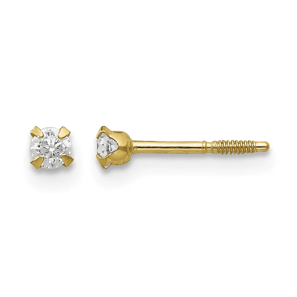 Pair of gold stud earrings with round diamond solitaires in four-prong settings, shown from front and side views with screw backs.