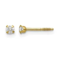 Pair of gold stud earrings with round diamond solitaires in four-prong settings, shown from front and side views with screw backs.