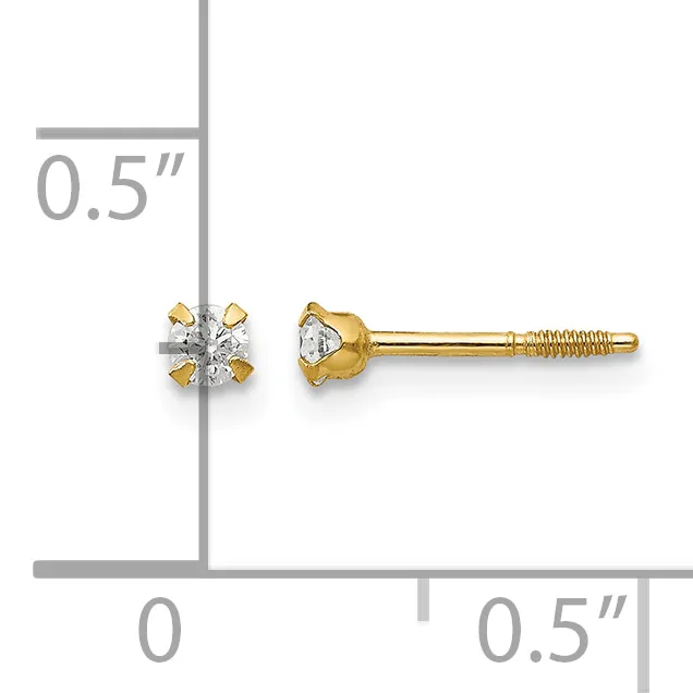 A pair of gold stud earrings with small diamond stones in a four-prong setting, shown front and side view with a measurement scale indicating approximately 0.5 inches in length.